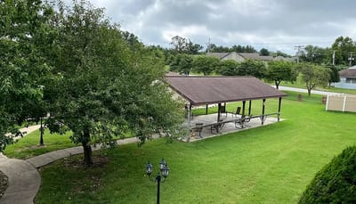 Outdoor pavilion in a landscaped area