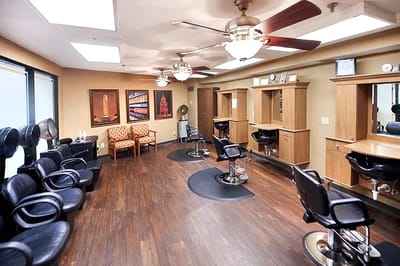 Interior view of a salon with styling chairs and mirrors