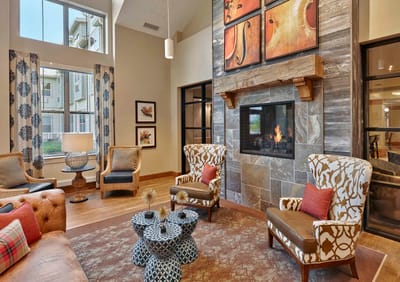 Cozy common area with seating and fireplace