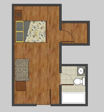 Architectural floor plan of a resident room layout