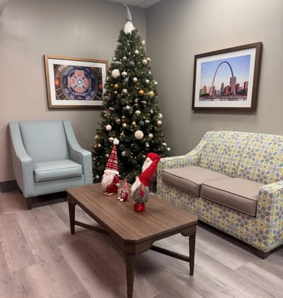 Cozy interior lounge decorated for the holidays