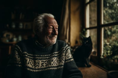 An elderly man smiling by a window with a cat