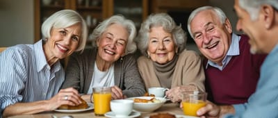 Residents enjoying breakfast together with smiles