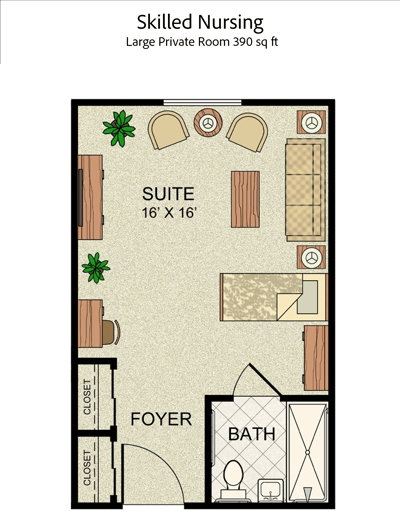 Floor plan of a large private room in skilled nursing