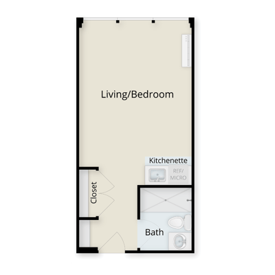 Architectural floor plan of a living/bedroom unit