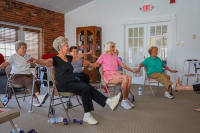 Residents participating in a seated exercise class