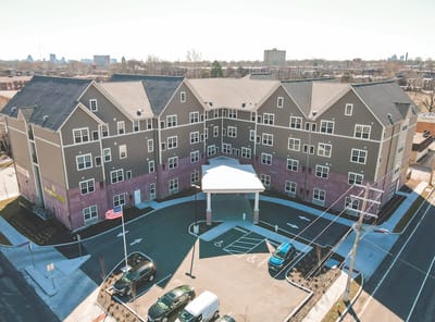 Aerial view of Kingsland Walk Senior Living facility entrance