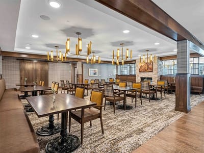 Dining room with tables and modern lighting