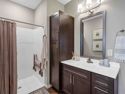 Modern bathroom with a shower and vanity
