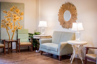 Cozy seating area in a bright common room