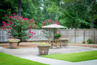 Outdoor seating area with flowers and an umbrella
