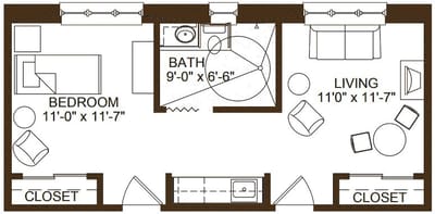 Architectural floor plan of a resident unit layout