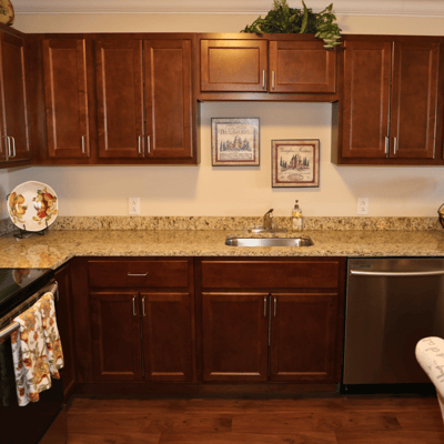 Interior view of a kitchen with wooden cabinets