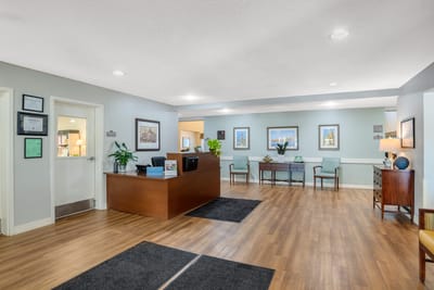 Interior view of the facility lobby with reception desk