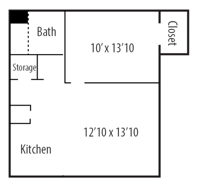 Architectural floor plan of a kitchen and bath layout