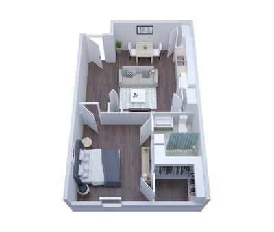 Interior layout of a resident room with furniture