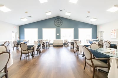 Bright dining room with tables and chairs