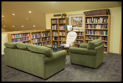 Cozy reading area with bookshelves and comfortable seating