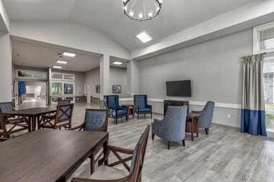 Interior common area with seating and natural light