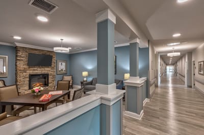 Bright interior common area with seating and decor