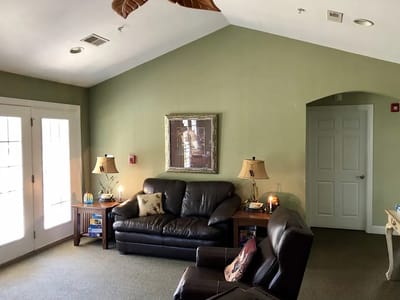 Cozy interior lounge area with leather sofas