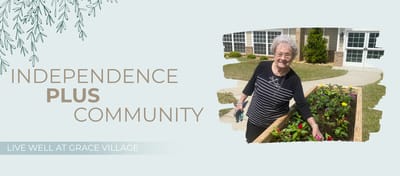 Resident gardening in front of Grace Village