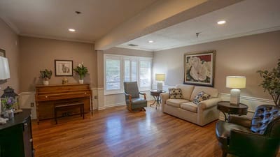 Bright lounge area with comfortable seating and decor