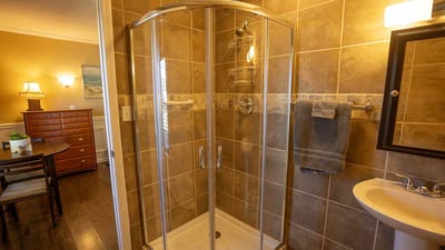 Cozy bathroom with a shower and seating area