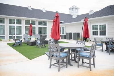 Outdoor seating area with umbrellas and tables