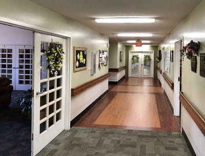 Hallway with decorated doors and plants