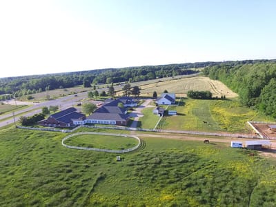 Aerial view of Caremoor Retirement Center and surrounding fields