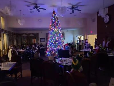 Residents enjoying a holiday event around a decorated Christmas tree