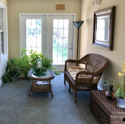 Cozy seating area in a bright lobby