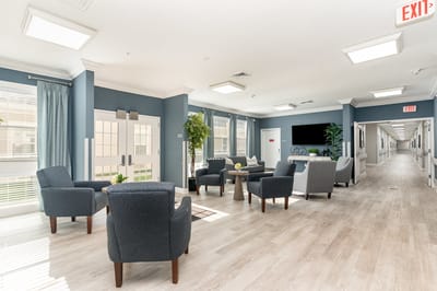 Bright common area with seating and decor