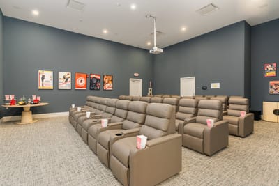 Interior view of a cinema room with reclining seats