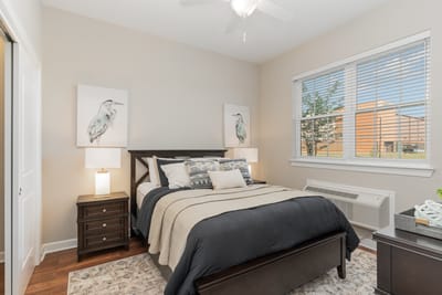 Cozy bedroom with modern decor in a senior living facility