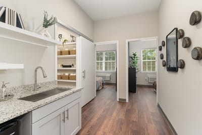A well-lit interior view of a resident's room