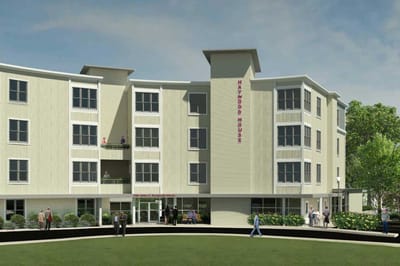 Exterior view of Haywood House with residents outside