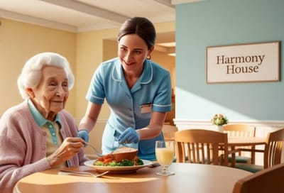 Nurse serving food to a resident in the dining area