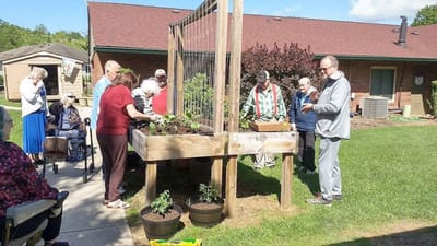 Residents gardening in an outdoor activity area