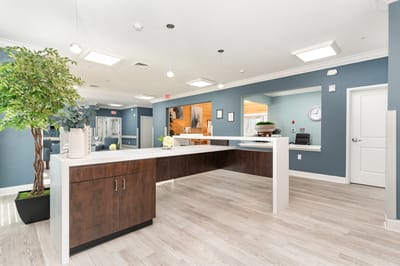 Bright and modern reception area of a senior care facility