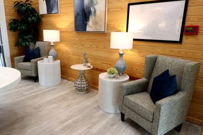 Cozy common area with seating and decorative elements
