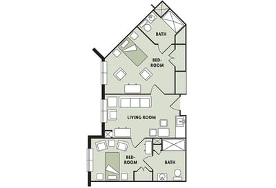 Architectural floor plan of living and bedroom areas