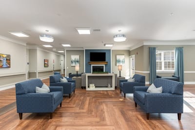 Interior common area with seating and fireplace