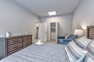 Cozy bedroom interior with closet and furniture