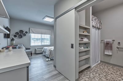 Bright interior of a resident room with accessible features