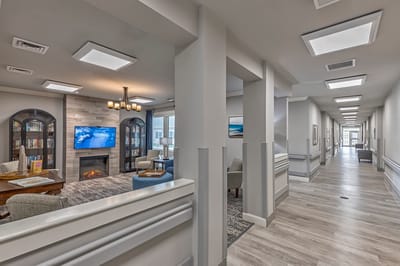 Interior view of a cozy common area with seating