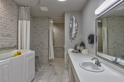 Well-designed bathroom with modern features and decor