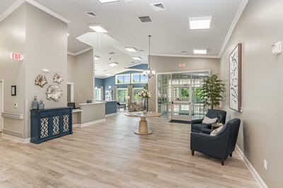 Bright and inviting lobby area of The Bridges on Parkview