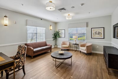 Bright interior common area with seating